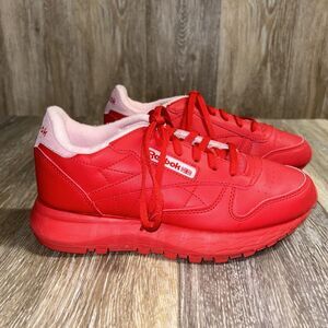 Reebok CL LTHR Junior Youth US Size 4.5 GZ1598 Monochrome Red Sneaker Shoes